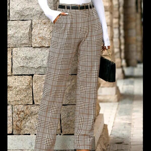 Women's Plaid Print Pockets Elegant Straight-Cut Office Pants